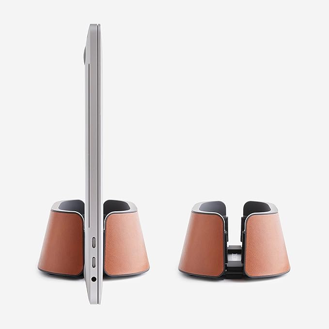 HumanCentric Vertical Laptop Stand in Vegan Cognac Leather, Upright Adjustable Holder and Dock, Laptop Vertical Stand Fits MacBook Pro and Other Laptops .5" to 1.5", Clamshell Compatible