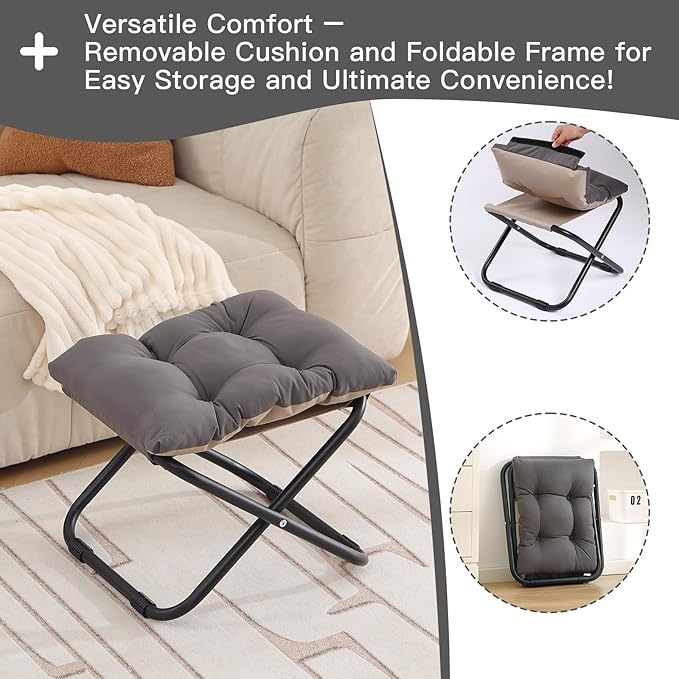 LITA Folding Upholstered Footrest Stool with Straight & Square Shape, Dark Grey