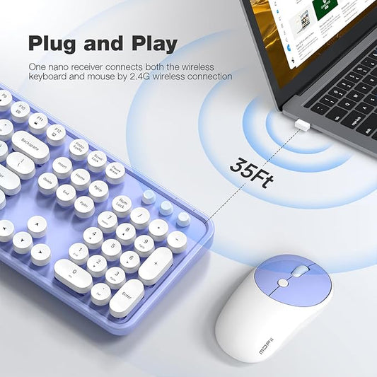 MOFII Wireless Keyboard and Mouse Combo, Computer Full Size 2.4G Plug and Play Wireless Typewriter Retro Round Keyboard and Mouse Set for Windows, Computer, Desktop, PC, Notebook - (Light Purple)
