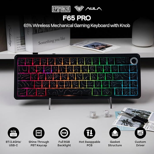EPOMAKER X Aula F65 PRO Wireless Mechanical Gaming Keyboard, Hot-Swap, 5-Layer Padding, Creamy Gasket, Knob and Shine-Through PBT Keycap, RGB, BT/2.4GHz/USB-C (Black Topographic, Ice Crystal Switch)