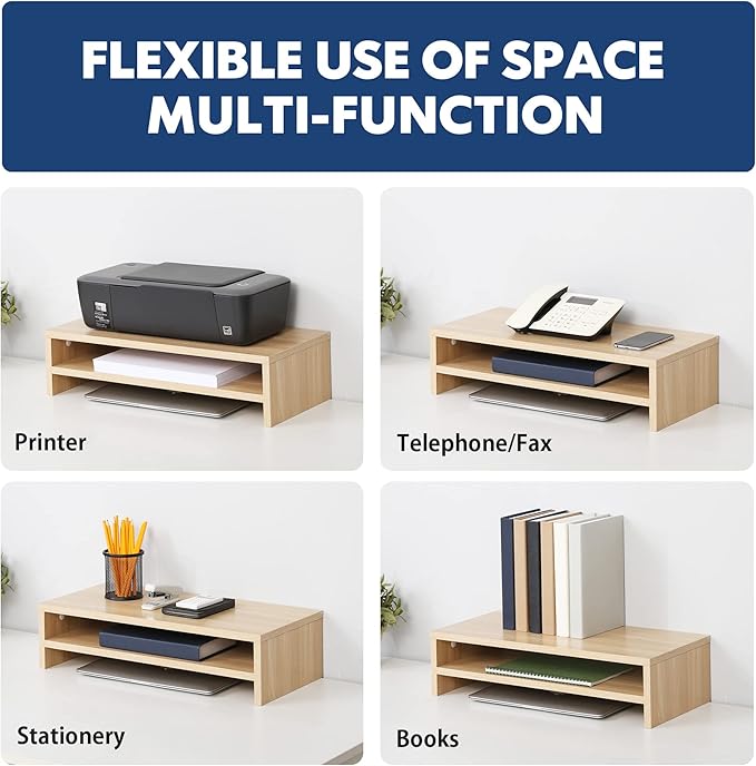 FITUEYES Monitor Stand - 2 Tier Computer Monitor Riser with 21.3 Inch Shelf, Wood Desktop Stand for Laptop Computer Screen, Desk Organization, Office Supplies