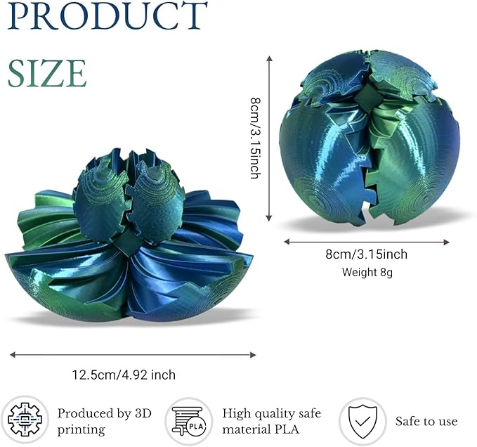 Gear Ball, 3D Printed Gear Ball, Gear Sphere Fidget Toy Stress Relief Toy for ADHD, Anxiety Relaxing Toy for Adults at Work/Study/Travel (Bluegreen, TwistedLine)