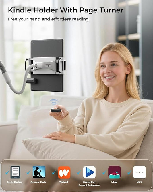 SAIJI Gooseneck Kindle Holder with Remote Page Turner, Tablet Holder for Bed, 100 cm Flexible Lazy Arm,Free Hands Kindle Accessories, Leather Tablet Stand for Reading in Bed, Gray