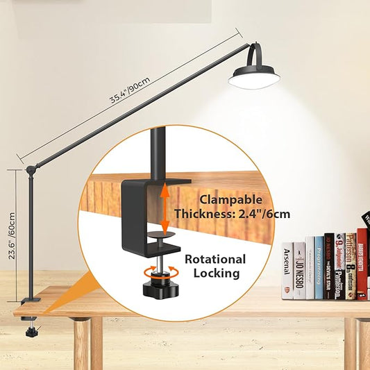 Dual-Power LED Desk Lamp with Clamp, Solar/USB Charging Desk Lamps with Metal Adjustable Swing Arm,Dimmable Eye-Caring Clip Lights with Removable Bulb for Dining/Home Office/Camping/RV Interior(Black)