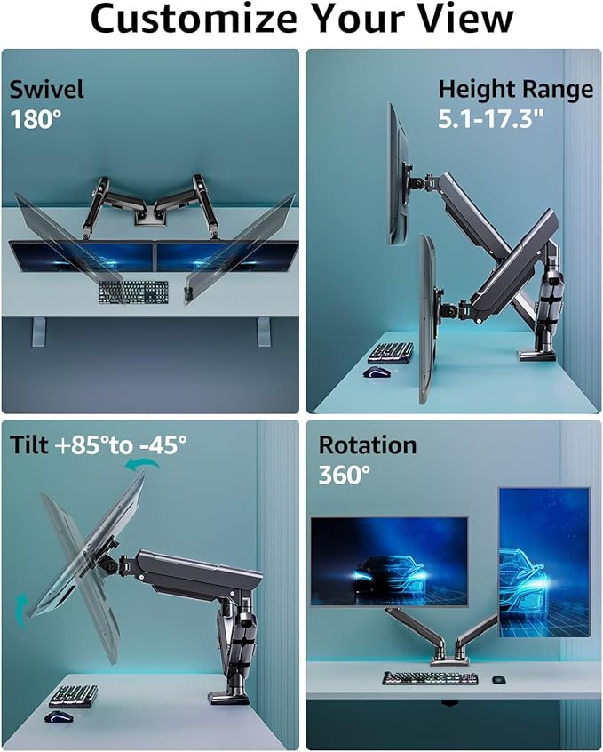 Dual Monitor Desk Mount, 13-32 inch Adjustable Gas Spring Monitor Arm, Computer Display Stand Holder with Clamp and Grommet Base, Fits 4.4 to 22lbs Screens, VESA Mount Bracket, Black, Freelift Pro