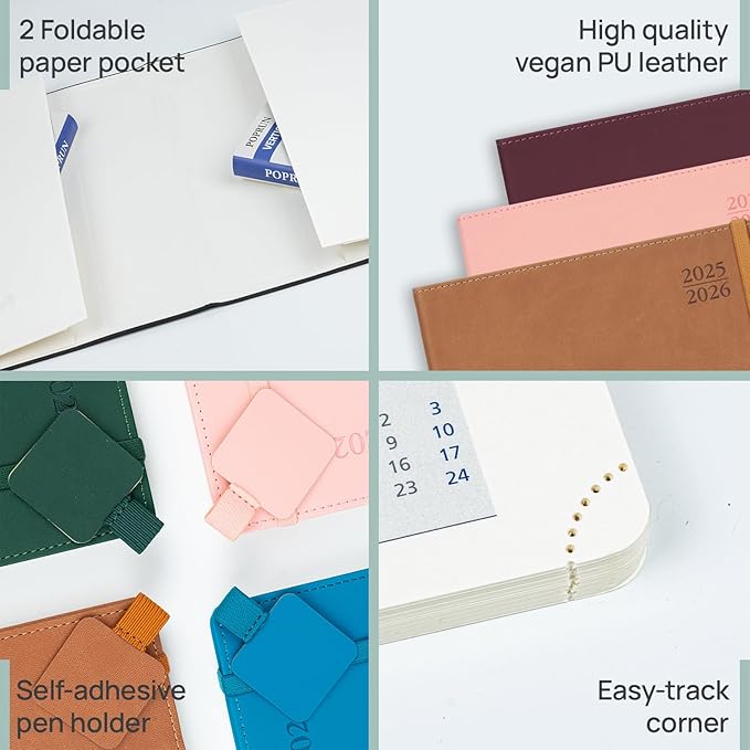 POPRUN Monthly Planner 2025-2026, Large-8.5'' x 11.25'', 13-Monthly Calendar Book (July 2025-July 2026) Academic Calendar Planner with Stair Tabs, PU Leather Soft Cover, 100GSM - Claret