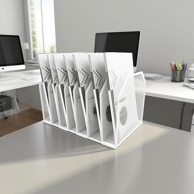 Adjustable Desk File Organizer,Detachable Office Folder Organizer,Compact Vertical Desk File Holder,Wrought Iron Paint,Suitable for Home, School, Office Classrooms (White - 7 grids)
