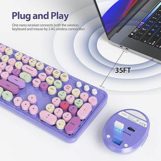 Fogruaden Purple Keyboard and Mouse Wireless, Retro Typewriter Keyboard, 2.4GHz 104 Keys Full Size Cute Keyboard with Number Pad, Purple Colorful Keyboard with Round Keycap for Windows PC Laptop
