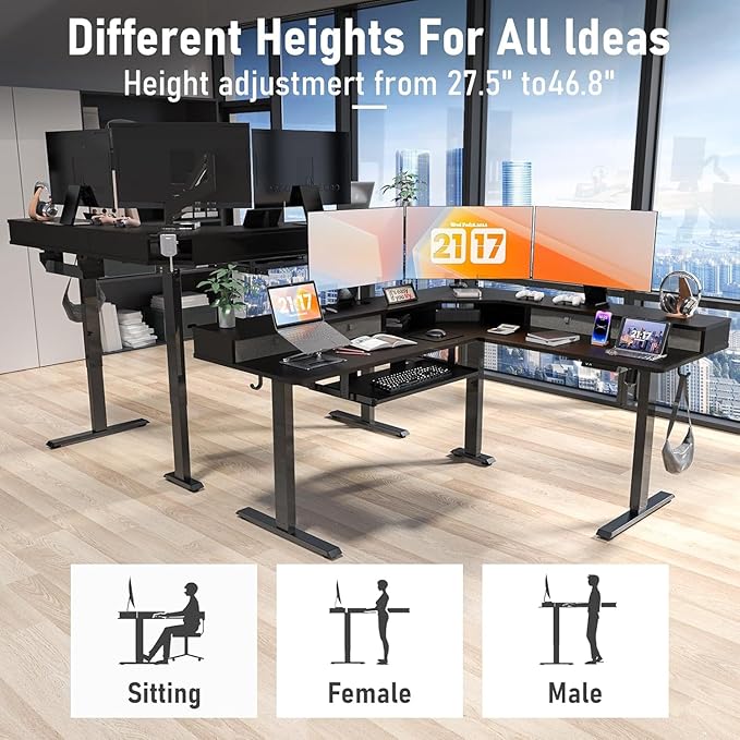 L Shaped Standing Desk with USB Charging Port & 4 Drawers,63 x 55 inch Electric Adjustable Height Corner Stand Up Desk with Keyboard Tray & Storage,Sit Stand Computer L Table for Gaming Office