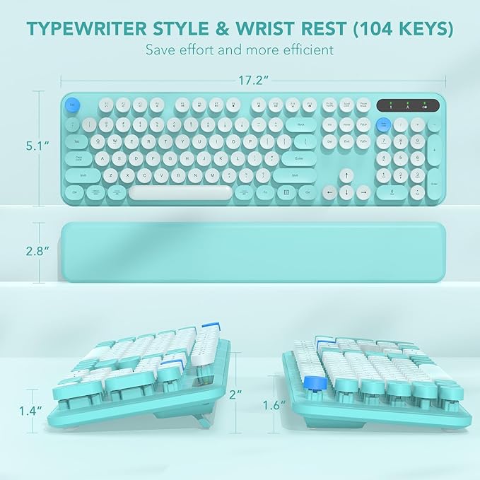 Wireless Keyboard, Round Keycaps, Retro Typewriter Keyboard with Detachable Wrist Rest, Sleep Mode, Foldable Legs, 2.4GHz Full-size Cordless Computer Keyboard for Windows/PC/Laptop (Robin Egg Blue)