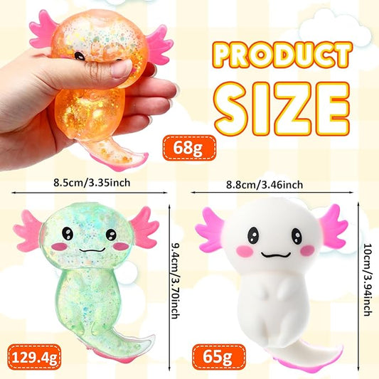 Meooeck 12 Pack Axolotl Stress Relief Toys Glitter Axolotl Starfish Stress Balls Fun Relaxing Squeeze Fidget Toys Relieve Anxiety Squeeze for Birthday Party Goodie Bag Stuffers(Cute)