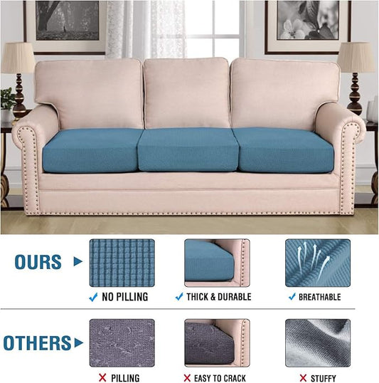 H.VERSAILTEX Super Stretch Individual Seat Cushion Covers Sofa Covers Slipcover Sets Thick Jacquard Textured Twill Fabric (3 Piece, Dusty Blue)