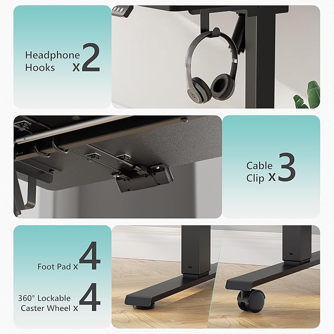 48 x 24 inch Electric Standing Desk Adjustable Height with 4 Wheels, 4 Memory Height Settings, 2 Headphone Hook, Home Office Desk, Splice Board Black