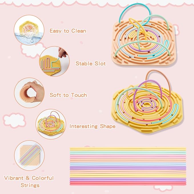 2 Pack Sensory Activity Board with 20 Random-Color Strings, Double-Sided Silicone Sensory Fidget Toy for Kids and Adults with Autism, ADHD, Silent, Stress Relief, Calming, Focus, Gift for Girls Boys