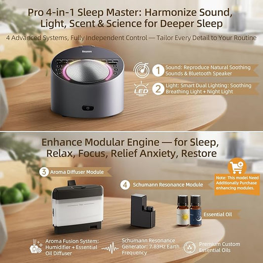 White Noise Sound Machine & Soothing Light | Optional Expan. Aroma Diffuser & Schumann Resonance (Add'l Purchase) | Premium Metal Shell with 50+ Sounds System for Sleep, Focus, Relax –Adults Kids Baby