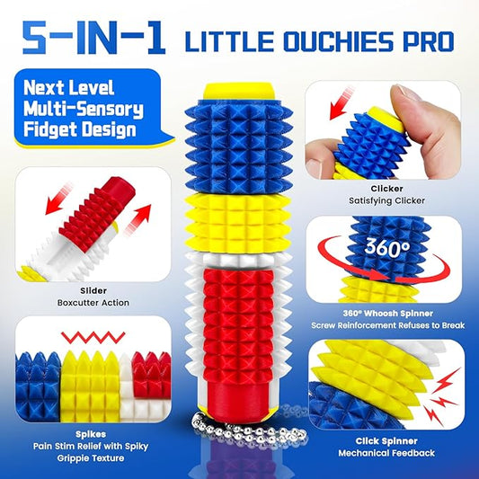 Little Ouchies Spiky Sensory Fidget Toy for Adults – Pain Stim Tool with Clicker, Spinner, Slider, Roller & Spiky Grip | 5‑in‑1 Stress & Anxiety Relief, Portable Keychain(Lego Colors)