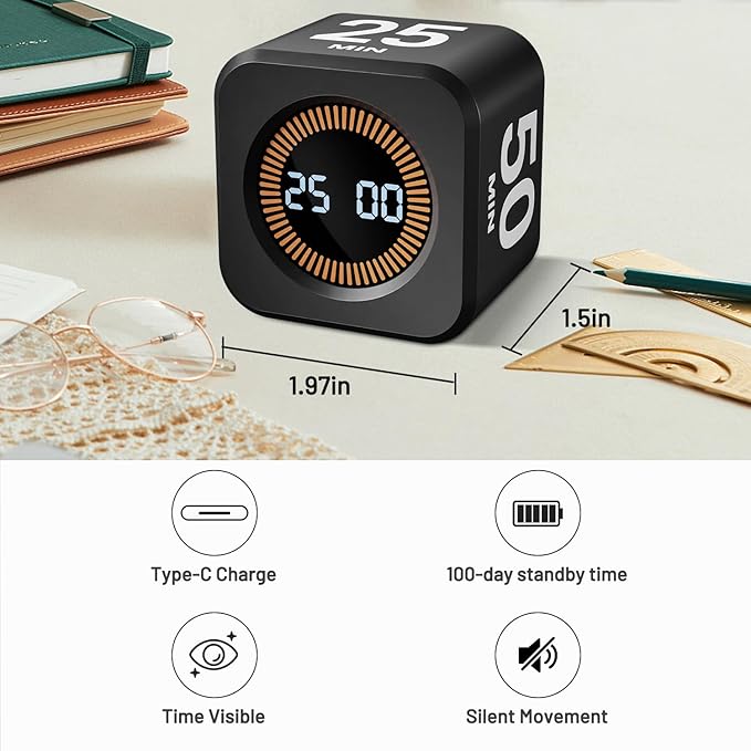Rotating Pomodoro Timer, 5/10/25/50 Minutes, Countdown & Stopwatch, Desk Productivity, ADHD Tool Cube Flip Timer, Adjustable Silent, for Study, Work, Kitchen (Black)