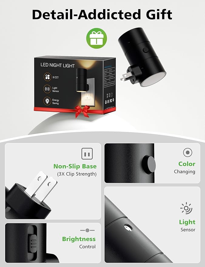 Night Lights Plug Into Wall,3 Color Temperatures LED Night Light Plug in,Dusk to Dawn Sensor,0-100LM Adjustable Brightness,Dimmable Night Lights for Hallway Bathroom Stair Bedroom,Black,2 Pack