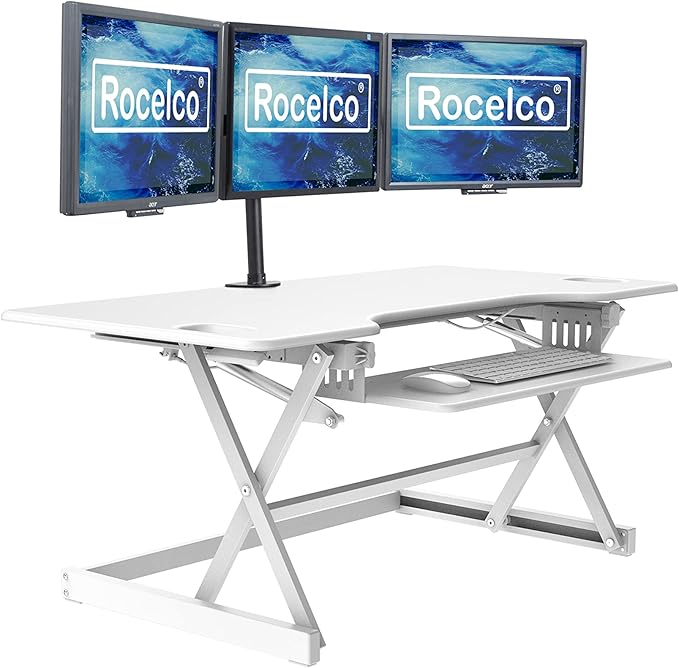 Rocelco 46" Large Height Adjustable Standing Desk Converter with Triple Monitor Mount BUNDLE - Quick Sit Stand Up Computer Workstation Riser - Retractable Keyboard Tray - White (R DADRW-46-DM3)