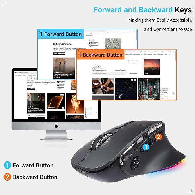 Ergonomic Mouse,Bluetooth Vertical Wireless Mouse,LED Rechargeable Optical Computer Mice, Portable(BT5.2 or USB 2.4GHz) Dual Mode,1000/1600/2400 DPI,8 Buttons for Laptop,Desktop,PC,Macbook (grey)