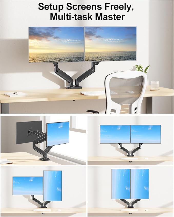 MOUNT PRO Dual Monitor Mount Fits 13 to 32 Inch Computer Screen, Height Adjustable Monitor Stand for 2 Monitors, Gas Spring Display Arm Holds up to 17.6lbs Each, Monitor Desk VESA Mount 75x75, 100x100