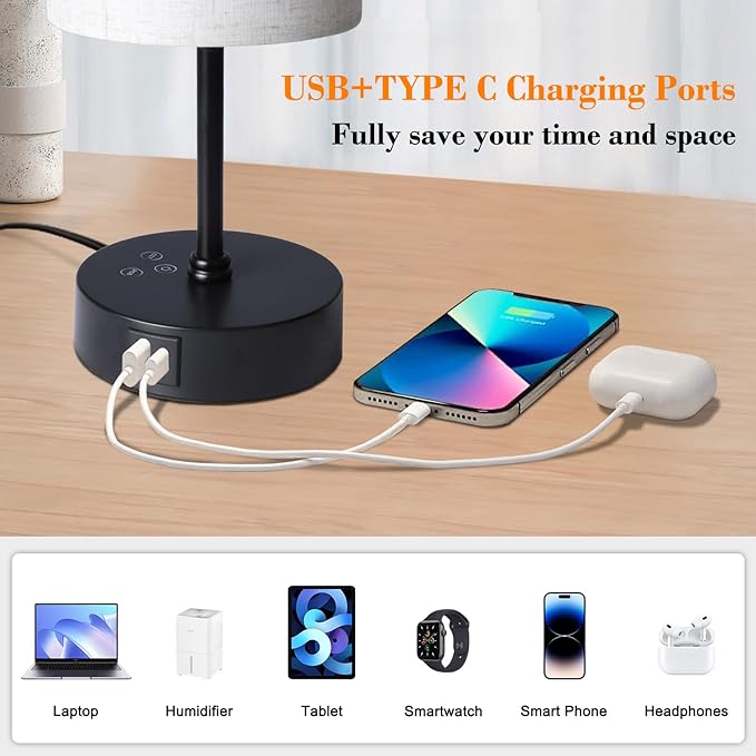 Ascher RGB Table Lamp Color Changing - 3 Color Temperatures and Stepless Dimmable Small Bedside Lamp for Bedroom, Touch Control Nightstand Light with Flaxen Shade for Reading Home Decor Lights