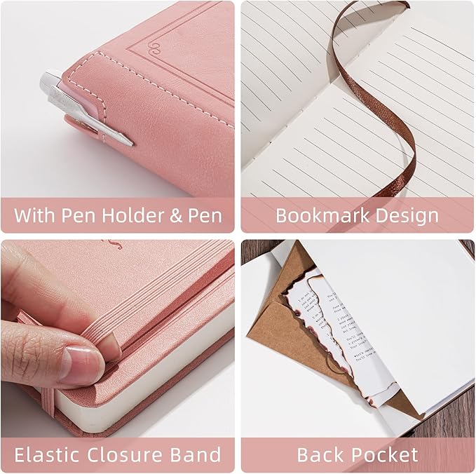 Lined Notebook Journal for Women Men 320 Pages A5 Hardcover Leather with Pen Holder College Ruled Journals for Work Note Taking Travel School Pink
