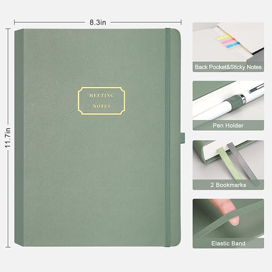 EMSHOI Meeting Notebook for Work with Action Items - 240 Pages A4 Large Project Planner Agenda Organizer Work Notebook for Women Men Office Business, PU Leather Hardcover, 8.5" x 11", Green