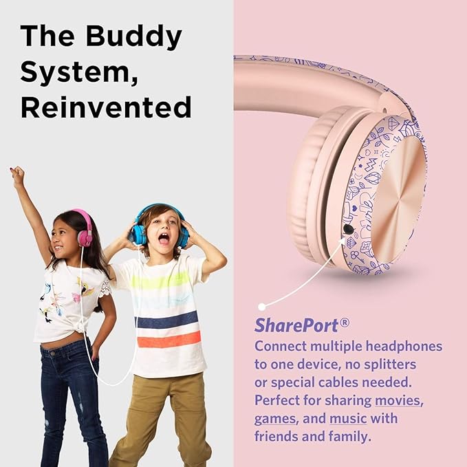 LilGadgets Connect+ Pro Wired Kids Headphones for School w/Microphone, Volume & Noise Reduction Over-Ear Headset w/Cord, SharePort Technology & SoftTouch Padding, Girl Power - Headphones for Kids