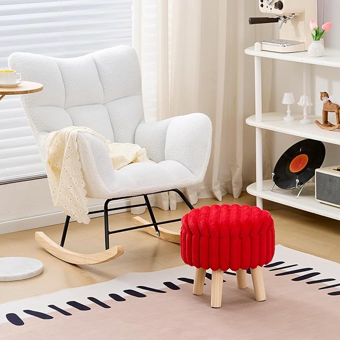 Wimarsbon Storage Ottoman,Soft Faux Fur Footstool with Padded Seat, Small Reading Vanity Chair, Footrest with Wood Tray for Couch, Mini Coffee Table or Display Stand (Red, Round Storage)