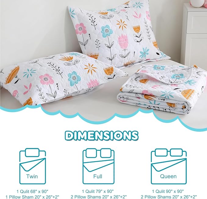 Girls Pink Floral Quilt Set Full Size Kids Bedding Sets Lightweight Summer Bedspread Soft Microfiber Breathable Bed Comforter All-Season