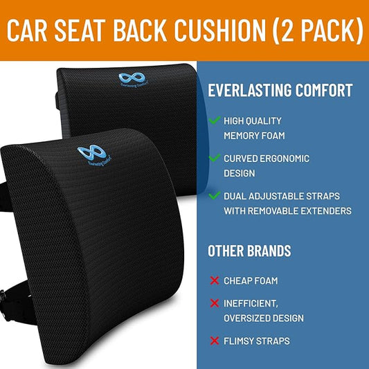 Everlasting Comfort Lumbar Support Cushion for Car Seat - Memory Foam Back Cover for Car - Lumbar Support Promotes Better Posture, Back Pain Relief - Ideal for Driving