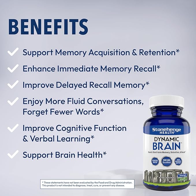 Stonehenge Health Dynamic Brain Supplement – New Formula with BacoMind for Memory Acquisition, Retention, & Recall with 40 Unique Nootropic: Choline, Phosphatidylserine, and Huperzine A