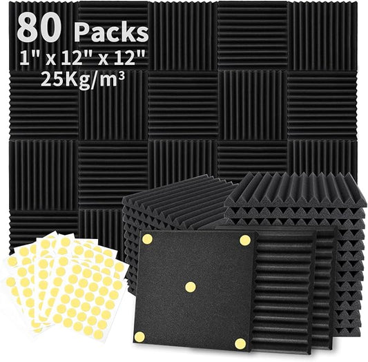 80 Pack Acoustic Foam Panels 1" x 12" x 12" Sound Proof Foam Panles Soundproofing Noise Cancelling Wedge Panels for Home Office Recoding Studio with 420PCS Double-Side Adhesive