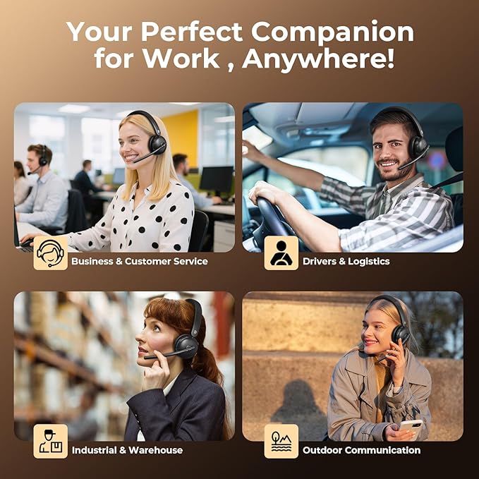 Wireless Headset with Mic for Work, Bluetooth 5.3 Headsets with AI Noise Cancelling, 65H Battery & Mute Function, Single-Ear Wireless Headset & USB Dongle, Fit for PC/Laptop/Teams/Skype/Call Center