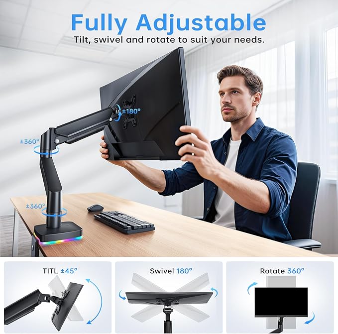 RGB Single Monitor Arm Desk Stand Gas Spring Computer Adjustable Monitor Mount for 13-32 inch Screens with RGB USB & USB-C High Speed Data Transfer C Clamp & Grommet Bases 75x75/100x100 VESA