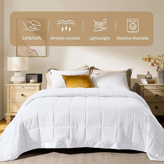 downluxe King Size Blanket with Satin Trim, Lightweight Down Alternative King Blanket for All Season, Machine Washable (White, 108 x 90 Inch)