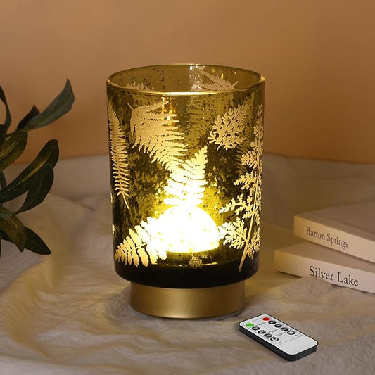 Eywamage Battery Operated Glass Table Lamp, Boho Green Ferns Leaves Mood Light with Remote, Cordless Bedside Accent Lamp Room Decor