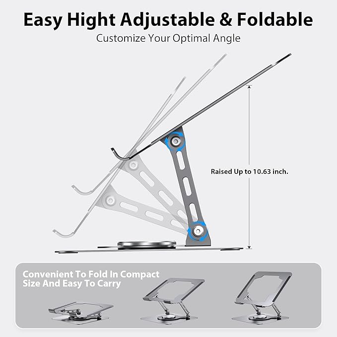 Laptop Stand, Adjustable Metal Computer Stand with 360ยฐ Rotating Base, Ergonomic Foldable Laptop Riser for Desk, Portable Laptop Stand Mount for All 10-16" Laptops and Notebooks, Space Gray
