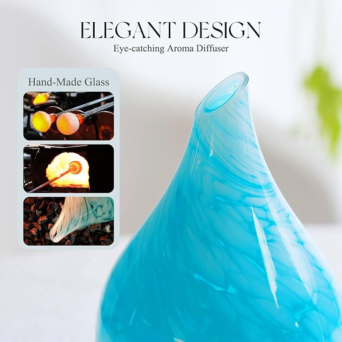 Porseme 150ml Essential Oil Diffuser Glass Color Changing Aroma Air Diffusers Aromatherapy Ultrasonic Cool Mist Humidifier 6 Running Hours Waterless Auto-Off for Sleeping Yoga Office Spa (Blue Wave)