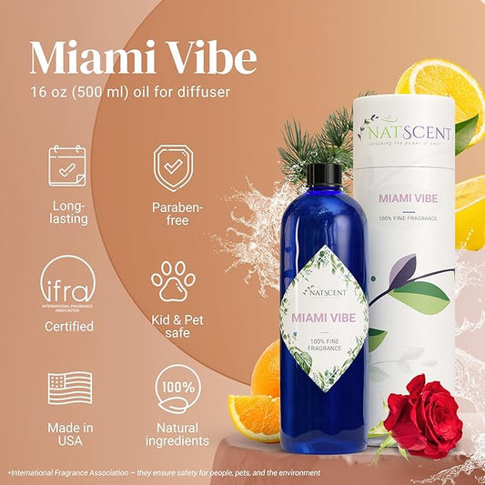 Miami Vibe Essential Oils for Diffusers for Home, Nature-derived Essential Oils, Long-Lasting & Family-Friendly Diffuser Oils Scents, IFRA Certified, Cold Air & Ultrasonic - 16 oz