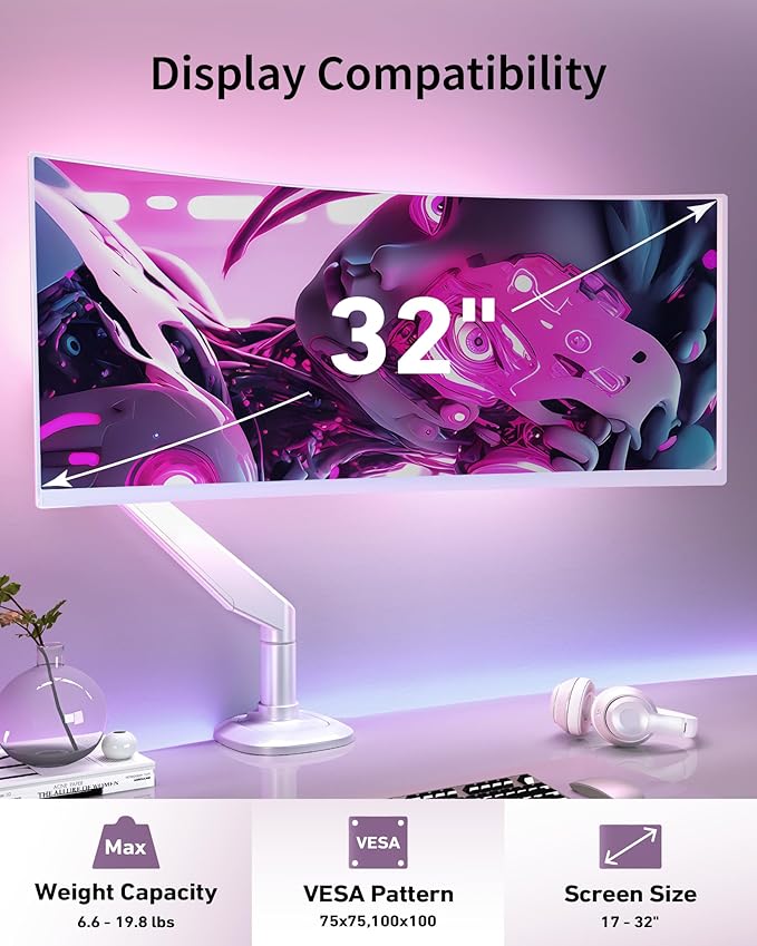 Single Monitor Arm for Screens up to 32 Inch and 19.8 lbs, Fully Adjustable Gas Spring Monitor Arm Desk Mount, 75/100 mm Vesa Mount, Aluminum, White