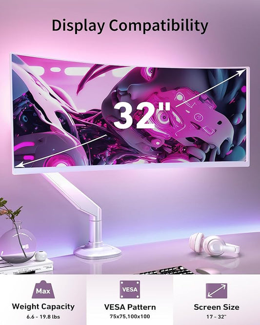 Single Monitor Arm for Screens up to 32 Inch and 19.8 lbs, Fully Adjustable Gas Spring Monitor Arm Desk Mount, 75/100 mm Vesa Mount, Aluminum, White