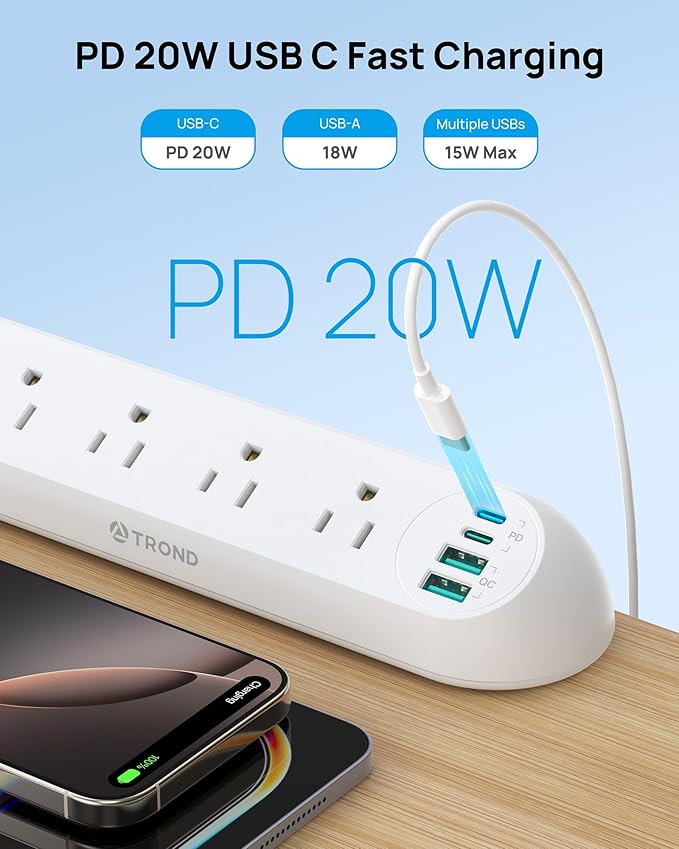 TROND Desk Clamp Power Strip 20W USB C, Flat Plug 10ft Extension Cord, Surge Protector with 4 Outlets 4 USB Ports, 1700J, ETL Listed, Fits 1.97 inch Tabletop Edge, for Home Office Accessories, White