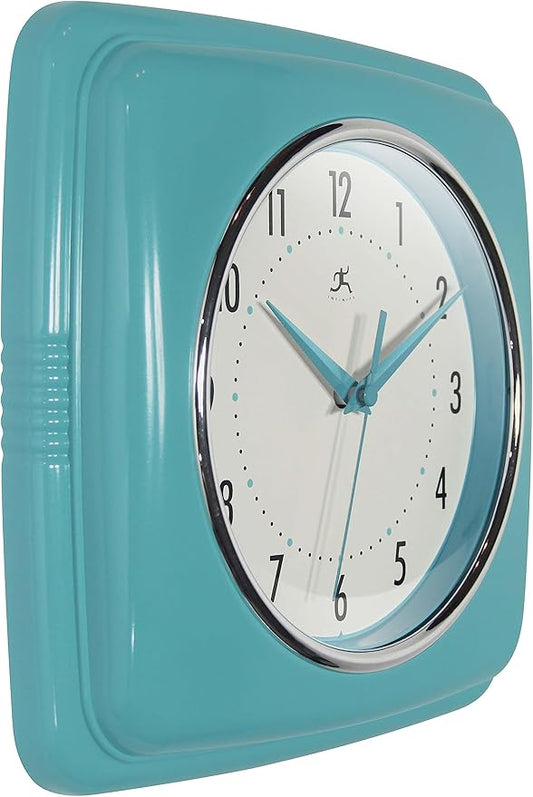Infinity Instruments Retro – 9-Inch Square Silent Non-Ticking Mid-Century Modern Wall Clock – Vintage Decorative Timepiece for Kitchen, Office, or Diner – Turquoise