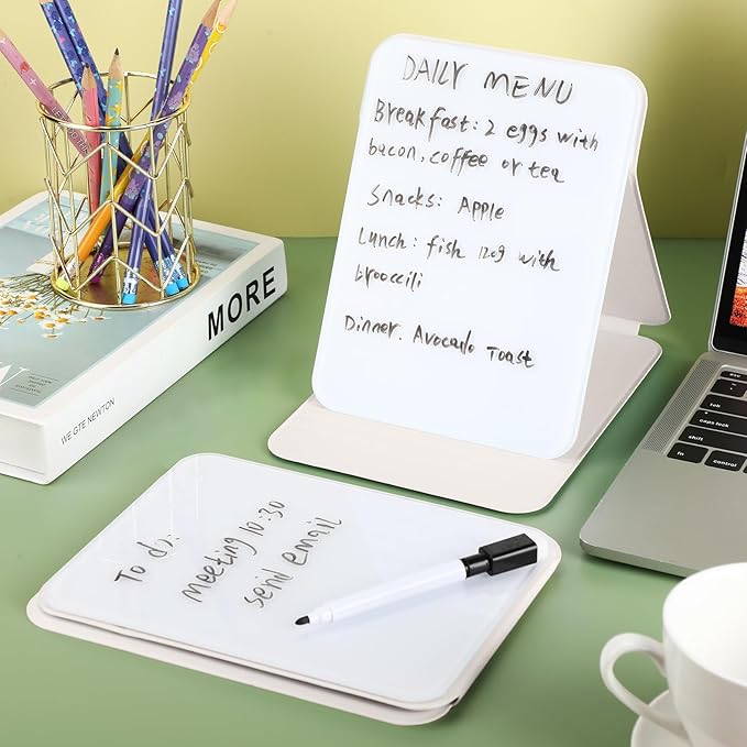 2 Pcs Small Glass Desktop Whiteboard with Reversable Stand 8 x 6 Inch Mini Dry Erase White Board Easel with 2 Markers Reusable Desk Notepad for Home Office School Supplies(White)