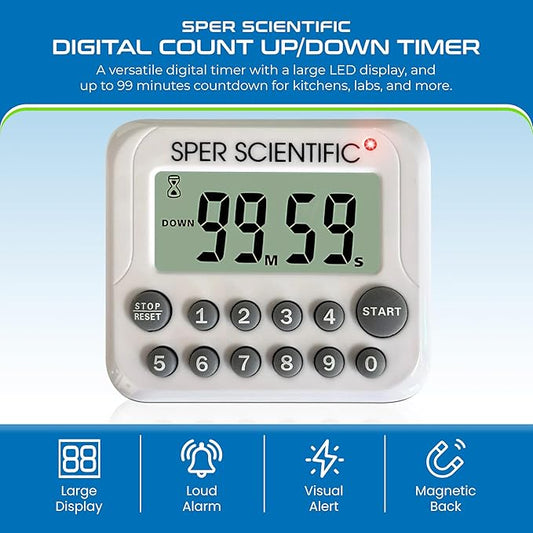 Sper Scientific Digital Count Up/Down Timer with Audible & Visual Alarm 810003 – Timer with Large Display & Loud Alarm with Up to 99 Minute Countdown - for Labs, Cooking, Workouts, Classroom & More