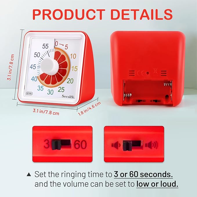 Secura 60-Minute Visual Countdown Timer for Kids & Adults, Classroom Time Management Tool (Red)