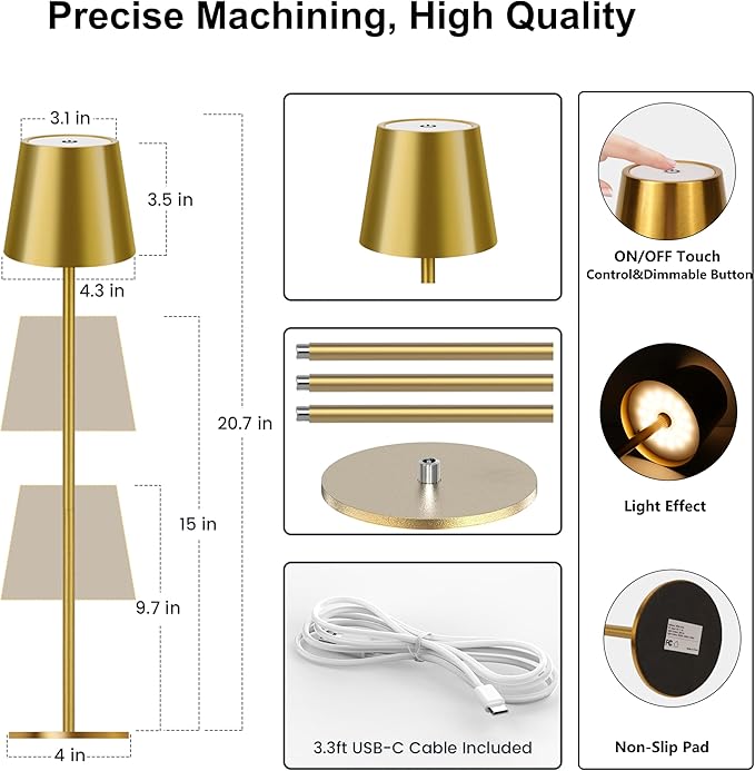 2 Pack Gold Cordless Table Lamp Rechargeable, Metal Small Bedside Table Lamp with 3 Adjustable Pole, 5400mAh Battery Operated Touch Lamp for Bedroom Kitchen Dining Waterproof & Portable