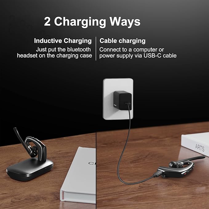 Bluetooth Headset V5.1, Wireless Headset with 500mAh Charging Case, Noise Canceling Mic for Driving and Office. (USB-A Adapter Included)